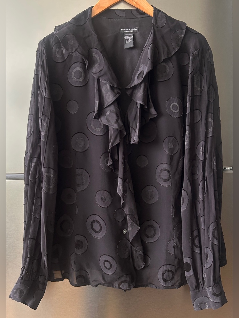 Doncaster Collection Black Textured Ruffle Blouse Artsy Sheer Top